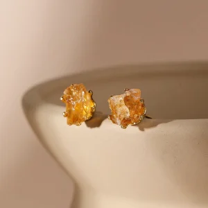 Classic Raw Crystal Stud Earrings Healing Natural Stone Citrine Black Tourmaline Gold Earrings Trendy Jewelry Birthday Gifts