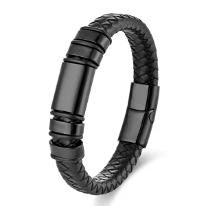 Classic Retro Woven Leather Bracelet With Stainless Steel Black Plated Fashion Charm Bracelets for Men