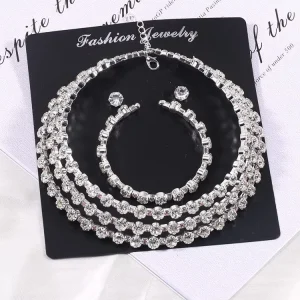 Classic Rhinestone Crystal Choker Necklace Earrings and Bracelet Set for Women Silver Color Bridal Wedding Party Jewelry Sets