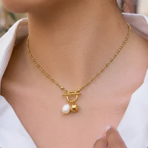 Classic Stainless Steel IP Real Gold Plated Trendy Natural Freshwater Pearls OT Toggle Ball Pendant Tarnish Free Necklaces Women