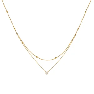 Classic Stainless Steel Layered Collar Unisex Double Layer Heart Chain Zircon Fashion Pendant Necklace