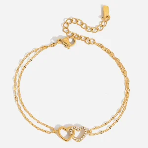 Classic Style Rhinestone Heart Double Ring Charm Bracelet Women Stainless Steel Jewelry Light Luxury High End Accessory Fashion