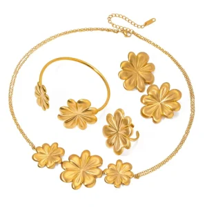 Classic Vintage Gold Plated Stainless Steel Jewelry Set Big Petal Flower Earring Necklace for Women’s Wedding Anniversary Party