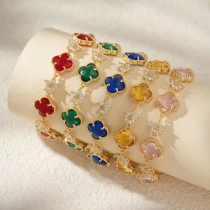 Classic and Fashionable Women’s Brass Bracelets Zircon Four-leaf Clover Copper Jewelry