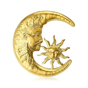Classic retro stainless steel star and moon pleated texture design-inspired brooch for women’s fashionable coat pin