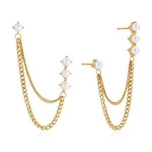 Classical 18K Gold Plated Stainless Steel Rhinestone Waterproof Glass Pearl Chain Link Drop Earrings