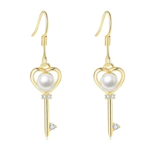 Classical Fashion Women Korean Style Heart Key Pendant Charm Dangle Earrings with Pearls E197 M