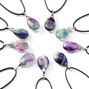 Classical Natural Crystal Fluorite Pendant Necklace Waterdrop Shape Gemstone with Link Chain for Gift