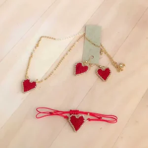 Classical Red Miyuki Heart Bracelet Earrings Necklace Set Handmade Fashion Jewelry Gold