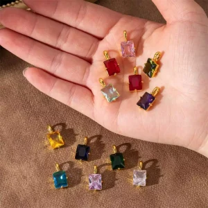 Claw set Geometric Square 12 Birthstone DIY Rectangular Zircon Charm Waterproof Copper Pendant Jewelry