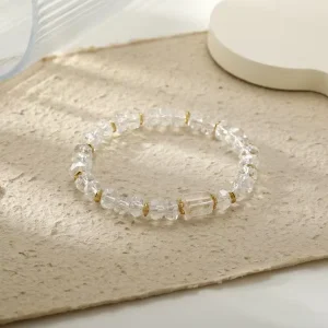 Clear Crystal Natural Stone Brass Round Beaded Bracelet