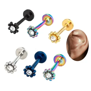 Clear Gems Labret Piercing Lip Stud Ring Stainless Steel Tragus Cartilage Earring Helix Piercing Body Jewelry