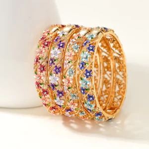 Cloisonne Enamel Floral Open Bangle Cubic Zirconia Gold Plated Copper Retro Ethnic Style Women’s Jewelry Daily Casual Party Gift