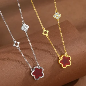 Cloverleaf Colored Stone Agate Gold Plated Women’s Necklace Pendant Mother’s Gift
