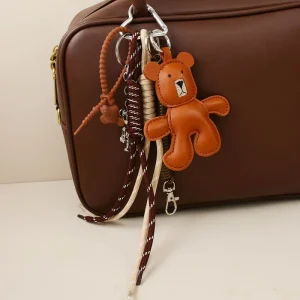 Coffee Leather Bear Keychain with Movable Limbs Alloy Bear Bag Strap Pendant Fashion Accessory