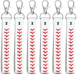 Coin Style Baseball Stitching Leather Wristband Key Chain, Baseball Softball Keychain