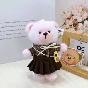 College Style Pleated Skirt Teddy Bear Crossbody Small Mobile Phone Pendant Pink Plush Toy Girl’s Heart Ornament