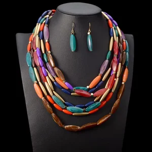Color Beads Multi Layer Necklace Earrings Women Jewelry Bohemian Statement Necklace African Bead Jewelry Set
