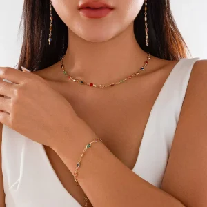 Color Crystal Chain Necklace Light Luxury Style Handmade Beaded Collarbone Chain Set