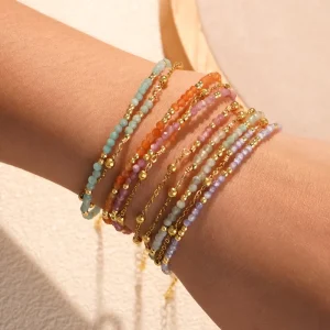 Color Natural Stone Beaded Stainless Steel Gold Bead Chain Double layer Bracelet Fashion Beaded Necklaces