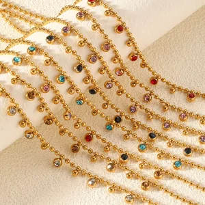 Colored Diamond Bead Pendant 18k Gold Plated Bead Chain Stainless Steel Women’s Necklace