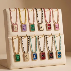 Colored Enamel Square Pendant Necklace Set Geometric Zircon Star Moon Gold Necklace