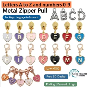 Colored Enamel Zipper Puller Diamond Initial Letter Pendant Zipper Head Zipper Slider Tab for Handbag Purse Garment Accessories