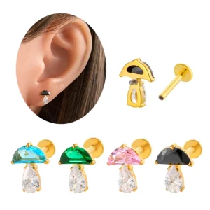 Colored Mushroom Flat Back Earrings ASTM F136 Titanium Piercing Jewelry Internally Thread Cartilage Trguas Stud Earring