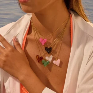 Colored Resin Heart shaped Pendant Stainless Steel Necklace Fashionable Cute Versatile Accessories Women Jewelry for Daily