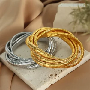 Colorfast Four Layers Goose Throat Bangle 18K Gold Plated Elastic Titanium Steel Wrist Ornament for Urban Street