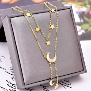 Colorfast Titanium Steel Necklace Roman Lover Shell Tassel Star Moon Double Layer Heart Necklace Fashion Jewelry