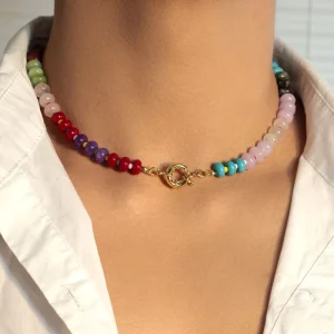 Colorful 5*8mm Abacus Beads Natural Stone Beaded Rainbow Choker Necklace Adjustable Trendy Jewelry for Women