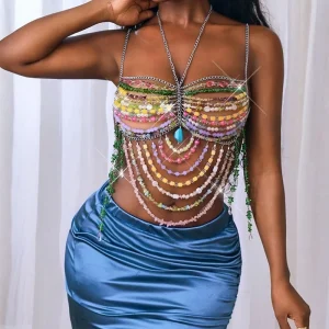 Colorful Acrylic Beaded Alloy Body Chain Bra Luxury Gradient Chest Chain Handmade Tassel Harness Wedding Party Festival