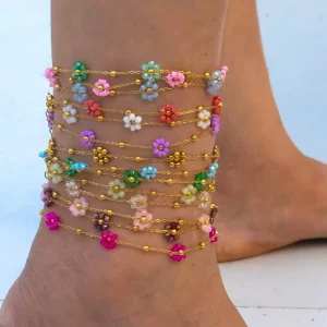 Colorful Beach Seaside Women Bohemian Handmade Stainless Steel Flower Shape Natural Crystal Stone Summer Bracelet Anklet Jewelry