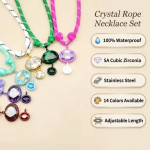 Colorful Braided Rope Necklace 5A Cubic Zirconia Oval Crystal Pendant Stainless Steel Waterproof Tarnish Free Fashion Jewelry