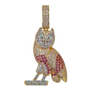 Colorful Brass Mens Necklace Pendant Owl Bird Cubic Zirconia Stone Iced Out Pave Badge for Hip Hop Jewelry Gift