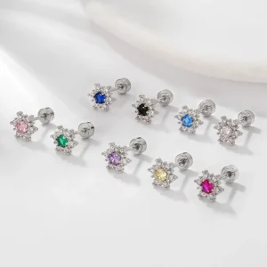 Colorful CZ Snowflake Sunflower Titanium Piercing Earrings Ear Bone Stud for Cartilage Tragus Hypoallergenic Body Jewelry