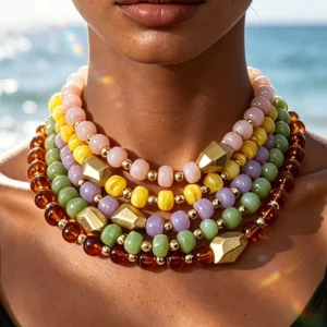 Colorful Candy Stacked Statement Collar Necklace with Matte Geometric Resin Beads