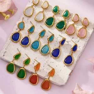 Colorful Cat Eye Geometric Stud Pendant Earrings Stainless Steel Gold Pink Orange Fashion Jewelry Earring