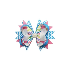 Colorful Chevron Ribbon Grosgrain Hair Bows with Pearl Center Decoration Kids Fabric Hair Clips Girls Hair Accessories
