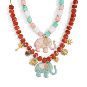 Colorful Chunky Acrylic Beaded Necklace Stainless Steel Enamel Lucky Elephant Pendant Boho Resin Statement Jewelry for Women