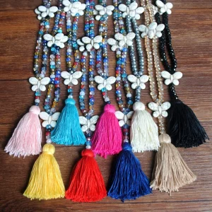 Colorful Crystal Bamboo Necklace Women Long Autumn Winter Sweater White Turquoise Butterfly Pendant