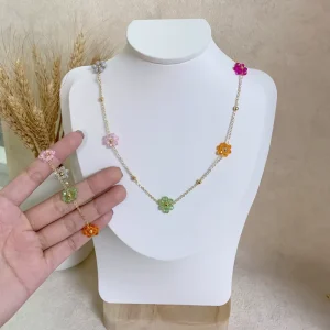 Colorful Crystal Beads Flower Jewelry Set, Gold Plated Brass Chain Necklace and Bracelets for Women