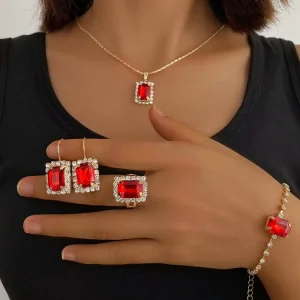 Colorful Crystal Jewelry Set Green Square Diamond Earrings Ring Bracelet Necklace for Women