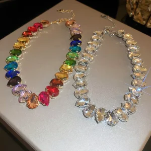 Colorful Crystal Rhinestone Teardrop Necklace Korean Unique Elegant Fashion Light Luxury Sweet Cool Women’s Jewelry