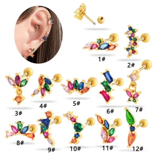 Colorful Cubic Zirconia Crown Dangle Flower Helix Cartilage Earrings Gold Stainless Steel Piercing Jewelry for Wedding