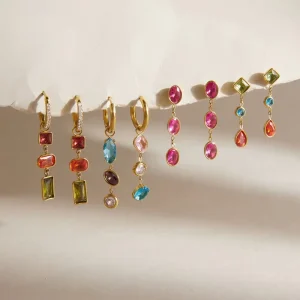 Colorful Cubic Zirconia Stainless Steel Drop Earrings 18K Gold Plated Hypoallergenic Geometric Dangle Hoop Earrings for Women