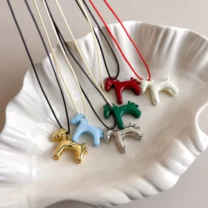 Colorful Cute Horse Pendant Long Necklace for Women Adjustable Sweater Chain Jewelry