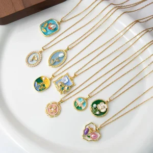 Colorful Drip Oil Flower Stainless Steel Pendant Necklace Diamond Pearl