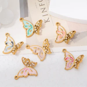 Colorful Enamel Butterfly Charms Gold Plated Stainless Steel Insect Rhinestone Animal Pendants DIY Jewelry Making Accessories